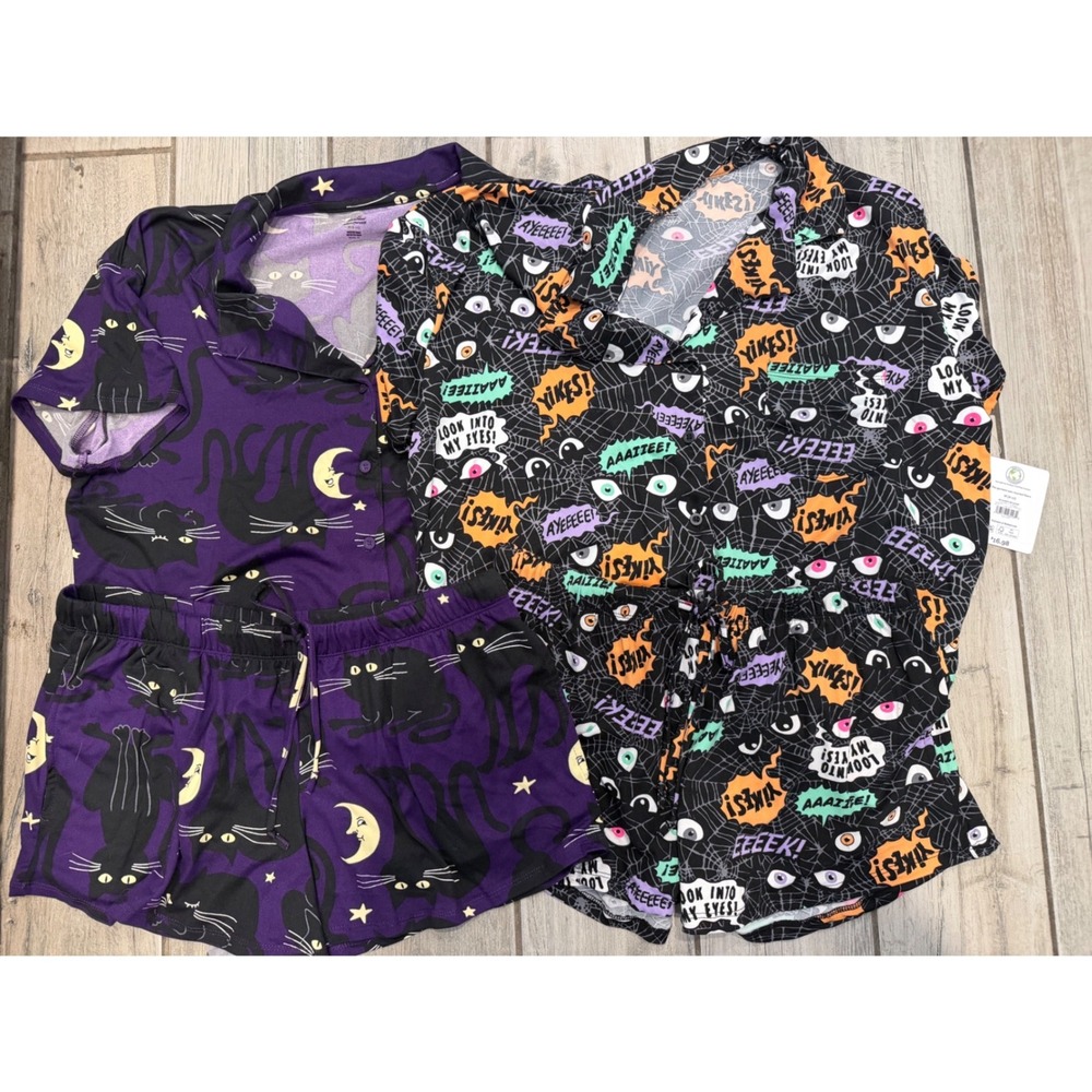 Way to Celebrate Halloween Pajamas 2 Set Lot Black Cat Spooky M 8-10 NWT
